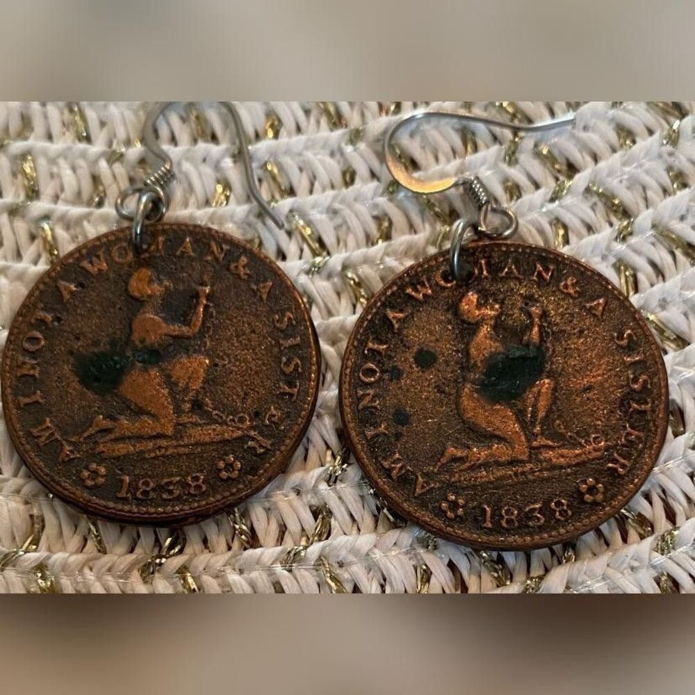 Antique 1838 Brown Token Anti-Slavery Token Dangle Earrings Women's Liberty 1"